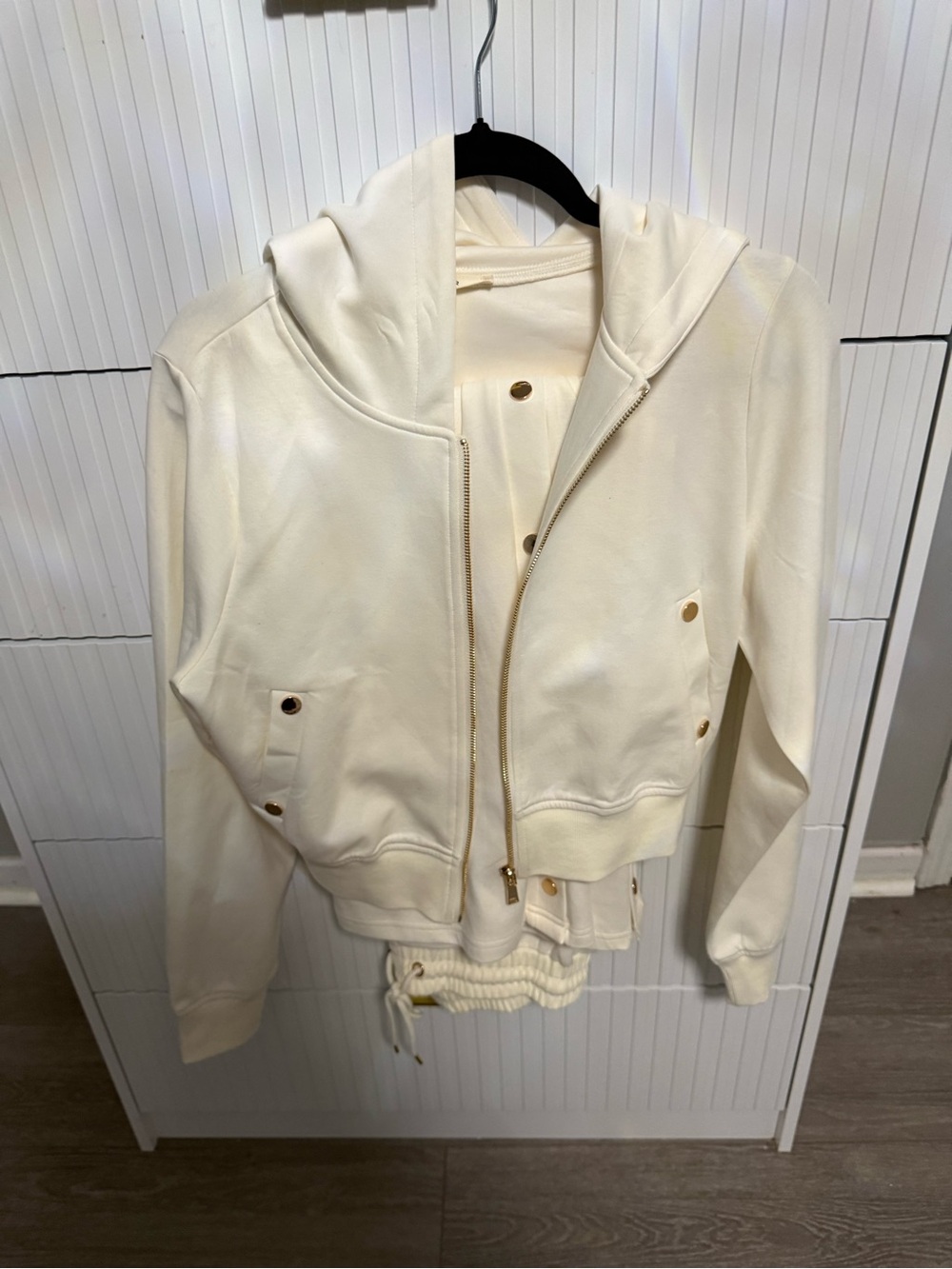 Cream Zip-Front Hooded Track Jacket and matching pants with Gold Hardware